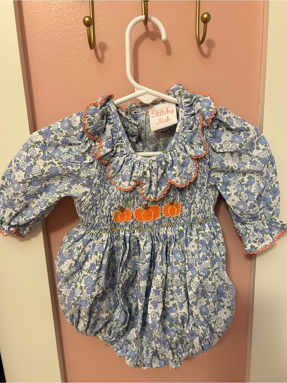 Stitchy Fish Girls' Blue Floral Smocked Dress with Orange Trim